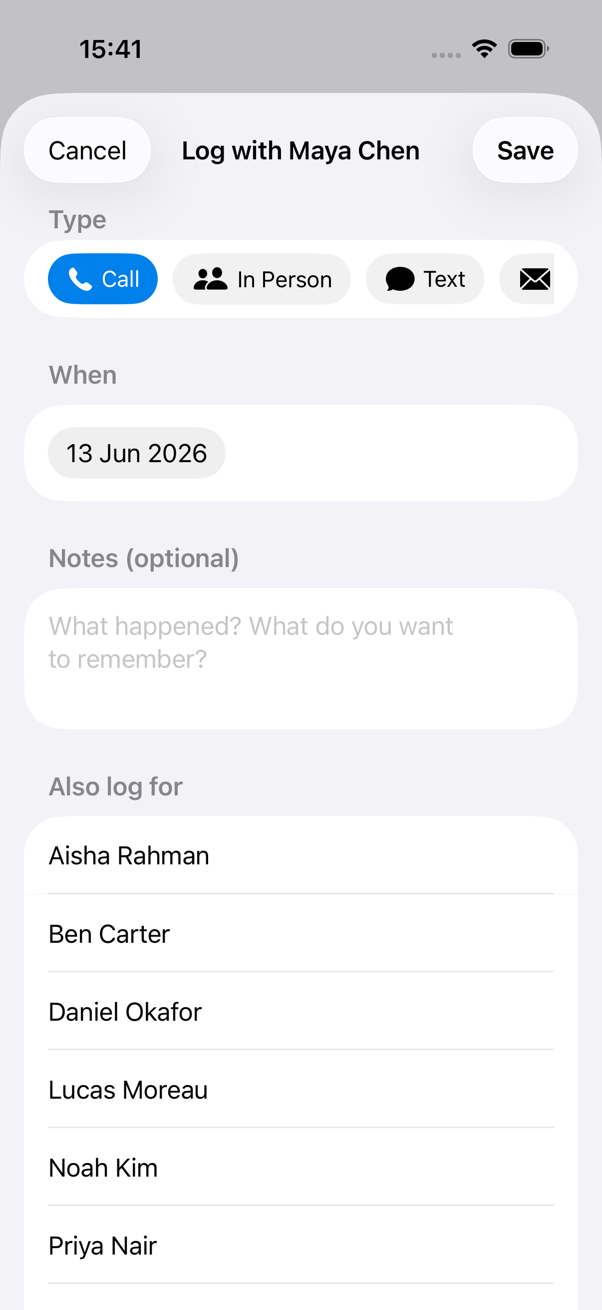 Next Call — logging a catch-up